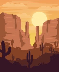 Illustration Far West coucher de soleil et cactus